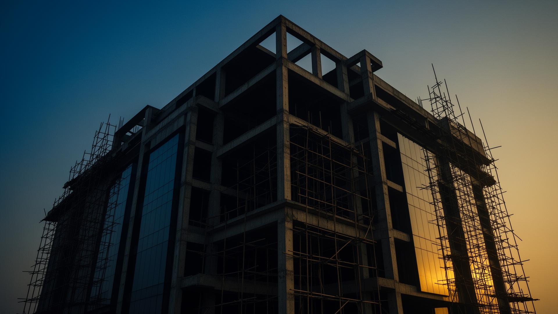 Reinforced concrete structural frame under construction at dusk