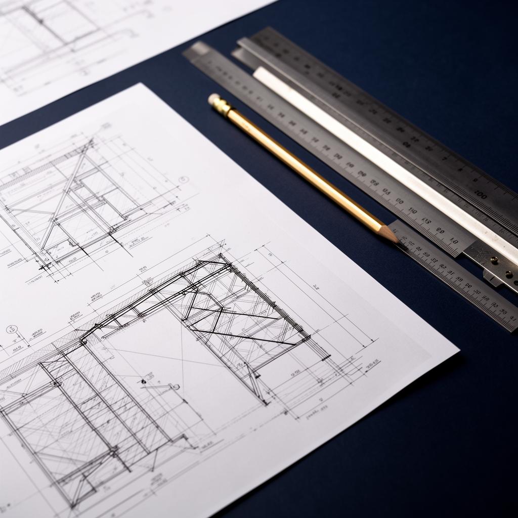 Structural drawings, scale ruler, and pencil on a navy desk